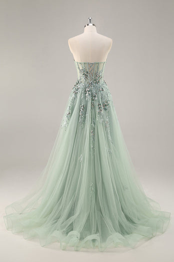 Sparkly Green Floral Corset Tulle Long Prom Dress with Appliques