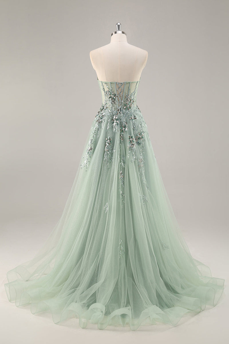 Load image into Gallery viewer, Sparkly Grey Pink A Line Long Corset Prom Dress with Appliques
