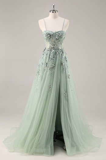 Sparkly Grey Blue Corset Tulle A Line Long Prom Dress with Appliques