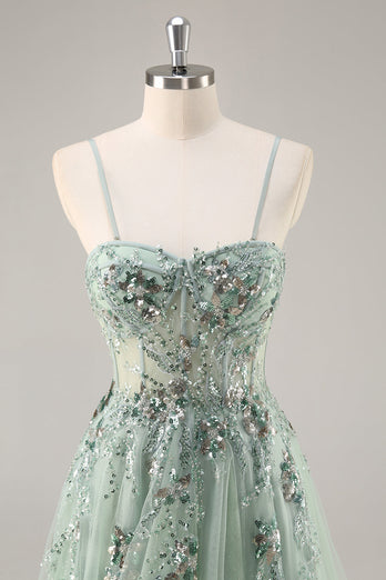 Sparkly Grey Pink A Line Long Corset Prom Dress with Appliques