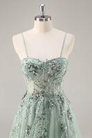 Load image into Gallery viewer, Sparkly Green Floral Corset Tulle Long Prom Dress with Appliques