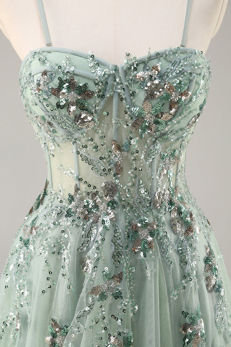 Load image into Gallery viewer, Sparkly Green Floral Corset Tulle Long Prom Dress with Appliques
