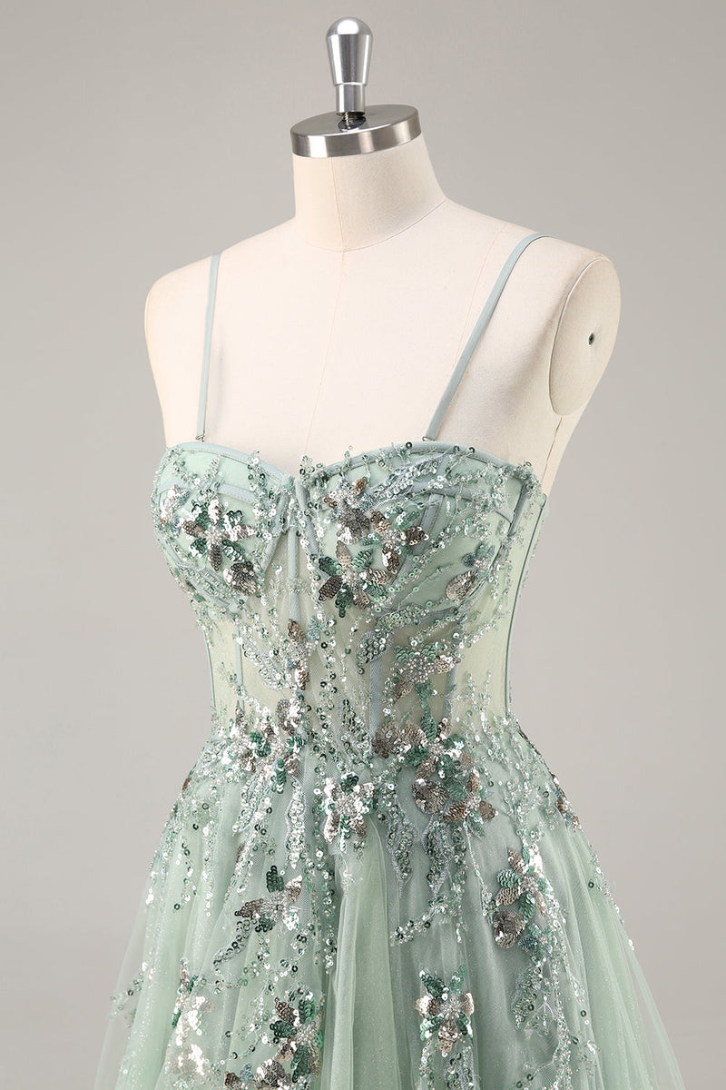 Load image into Gallery viewer, Sparkly Green Floral Corset Tulle Long Prom Dress with Appliques