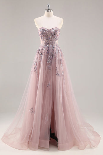 Sparkly Grey Pink A Line Long Corset Prom Dress with Appliques