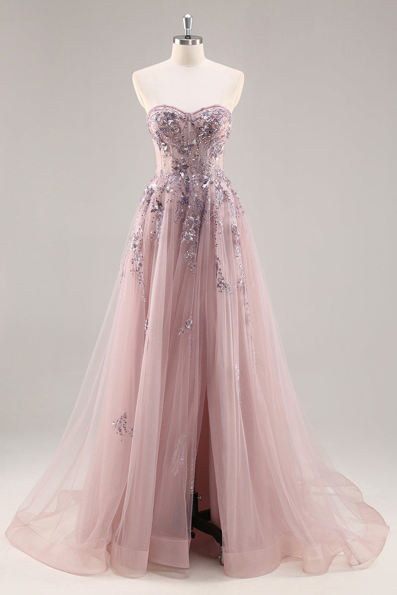Load image into Gallery viewer, Sparkly Grey Pink A Line Long Corset Prom Dress with Appliques