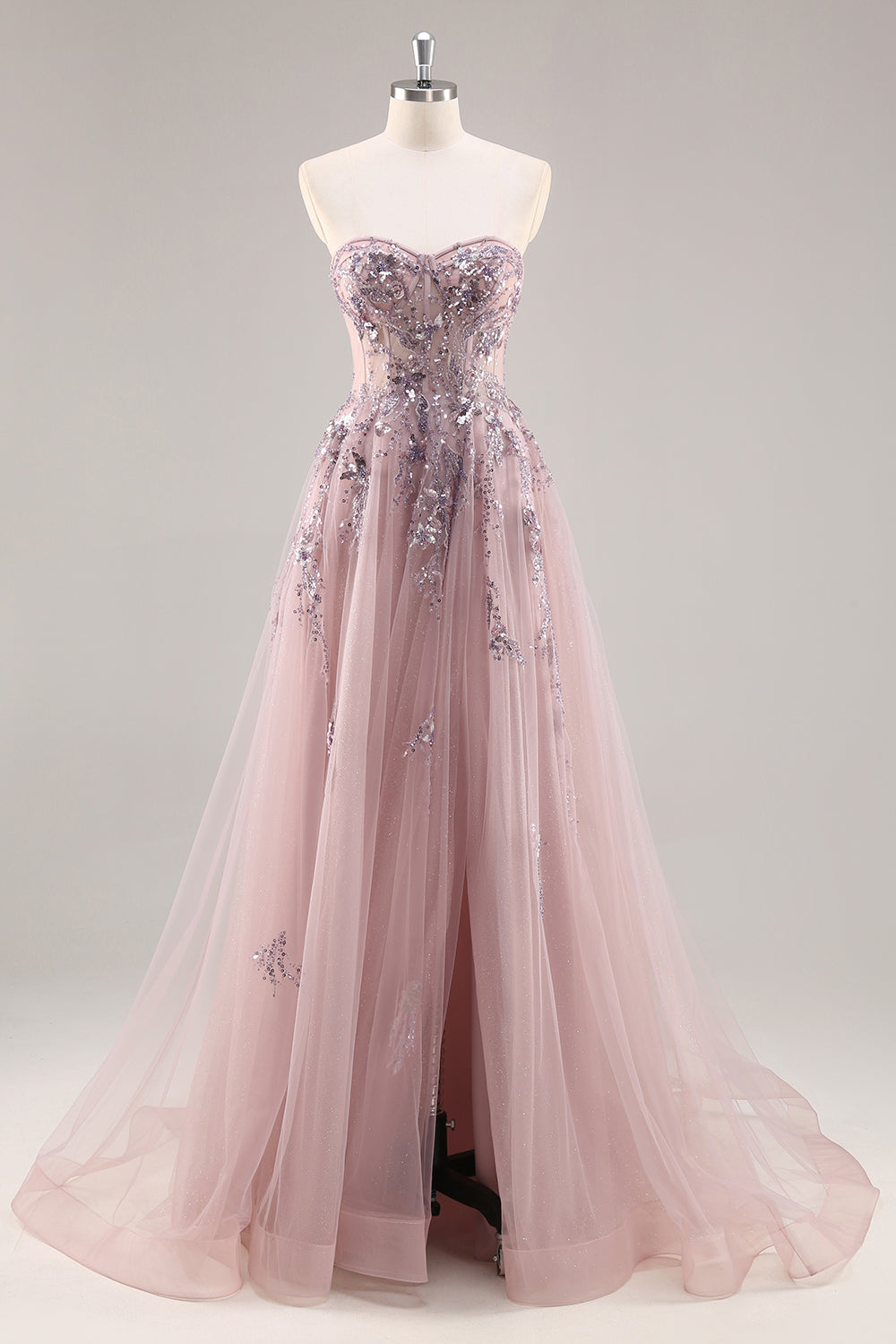 Sparkly Grey Pink A Line Long Corset Prom Dress with Appliques