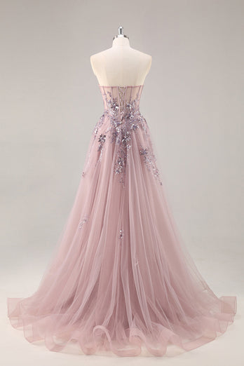 Sparkly Green Floral Corset Tulle Long Prom Dress with Appliques