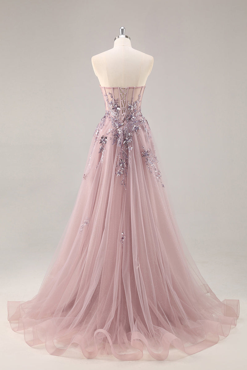 Load image into Gallery viewer, Sparkly Green Floral Corset Tulle Long Prom Dress with Appliques