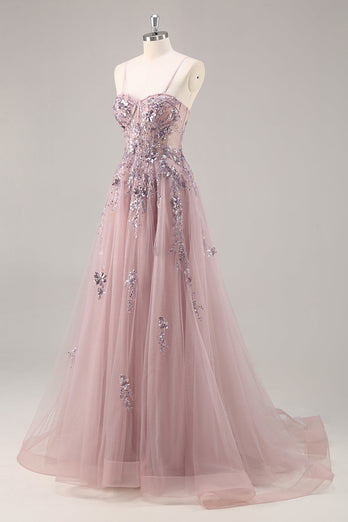 Sparkly Grey Blue Corset Tulle A Line Long Prom Dress with Appliques