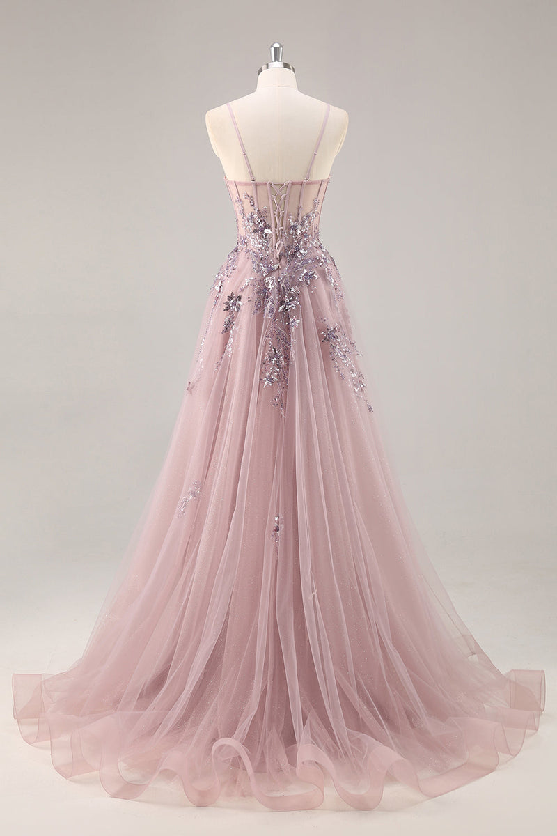 Load image into Gallery viewer, Sparkly Grey Blue Corset Tulle A Line Long Prom Dress with Appliques