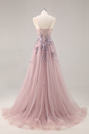 Sparkly Green Floral Corset Tulle Long Prom Dress with Appliques