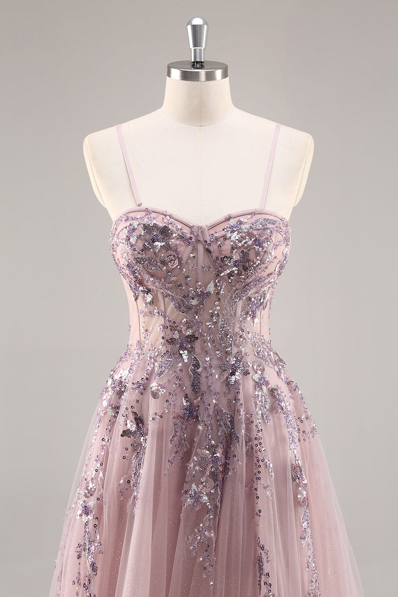 Load image into Gallery viewer, Sparkly Grey Blue Corset Tulle A Line Long Prom Dress with Appliques