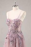 Load image into Gallery viewer, Sparkly Grey Blue Corset Tulle A Line Long Prom Dress with Appliques