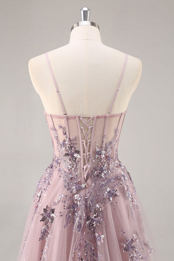 Sparkly Grey Blue Corset Tulle A Line Long Prom Dress with Appliques