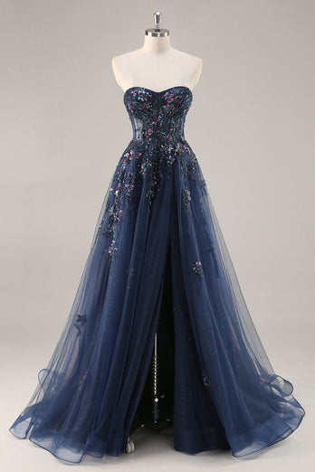 Sparkly Navy Corset Long Sweetheart Prom Dress with Appliques