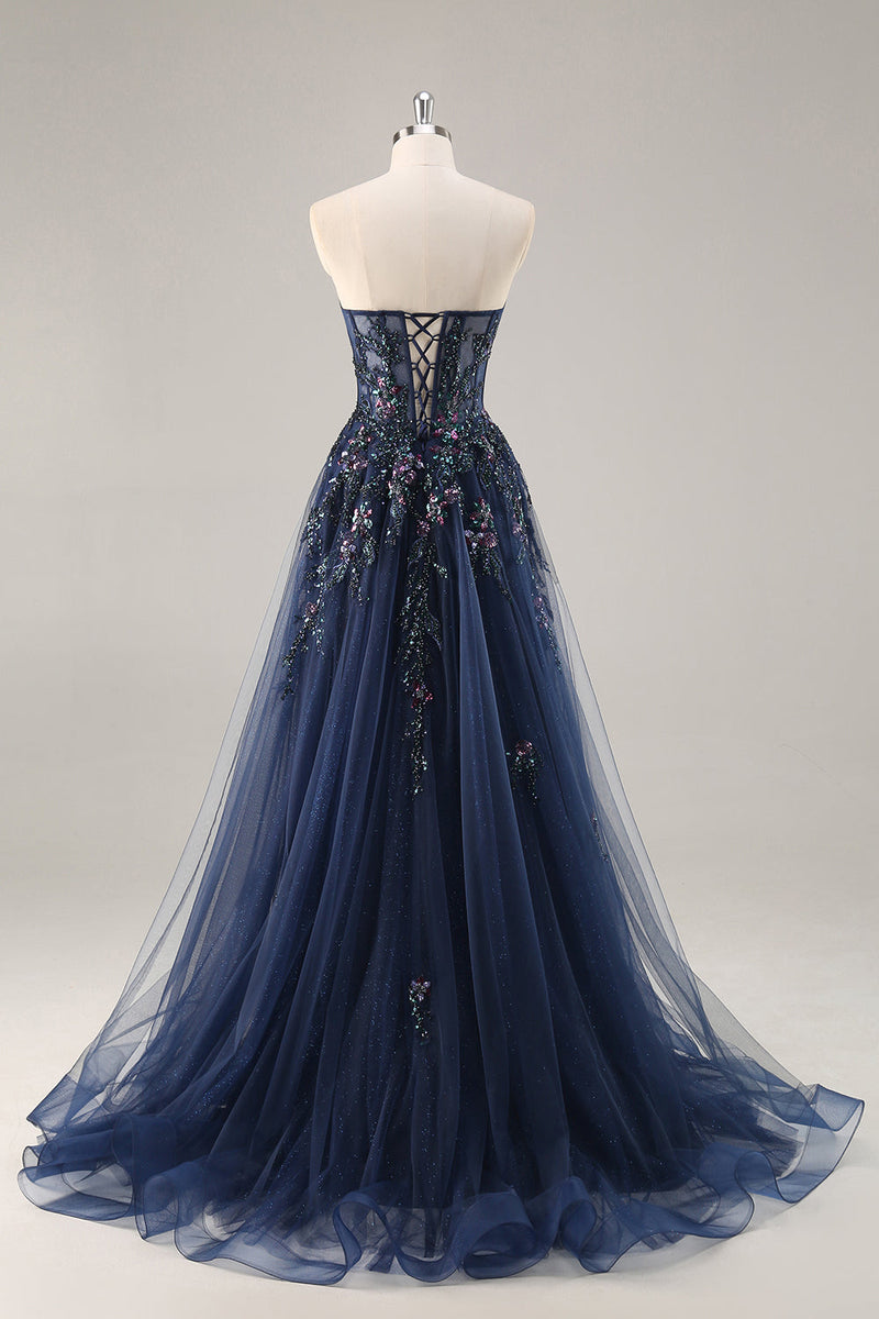 Load image into Gallery viewer, Sparkly Navy Corset Long Sweetheart Prom Dress with Appliques