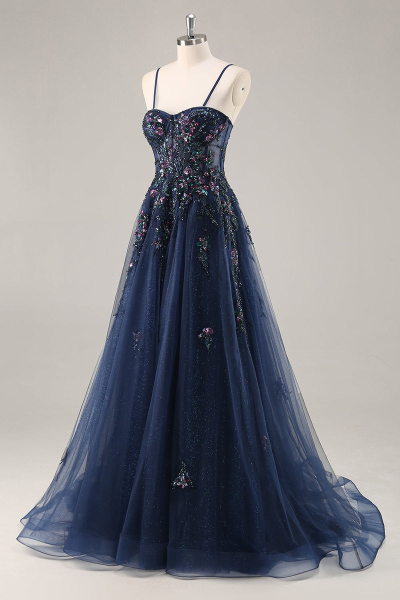 Load image into Gallery viewer, Sparkly Grey Blue Corset Tulle A Line Long Prom Dress with Appliques