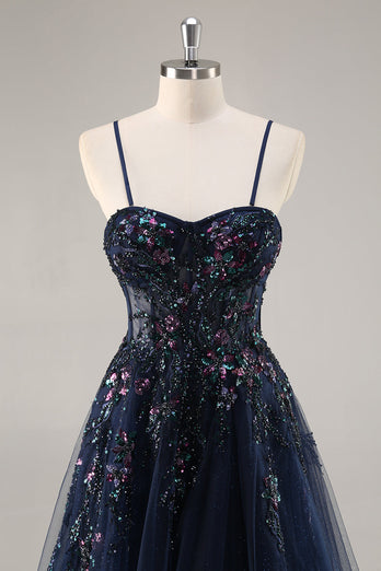 Sparkly Navy Corset Long Sweetheart Prom Dress with Appliques