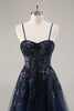 Load image into Gallery viewer, Sparkly Grey Blue Corset Tulle A Line Long Prom Dress with Appliques