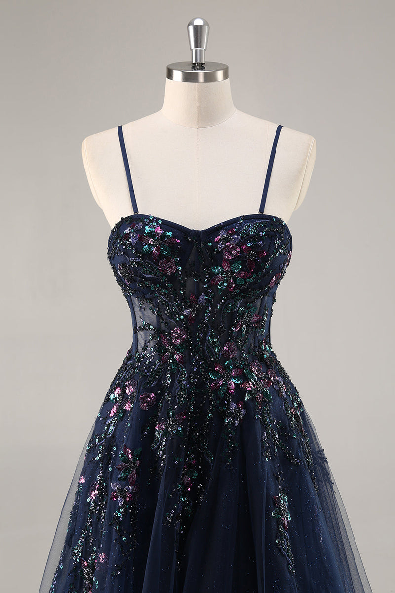 Load image into Gallery viewer, Sparkly Grey Blue Corset Tulle A Line Long Prom Dress with Appliques