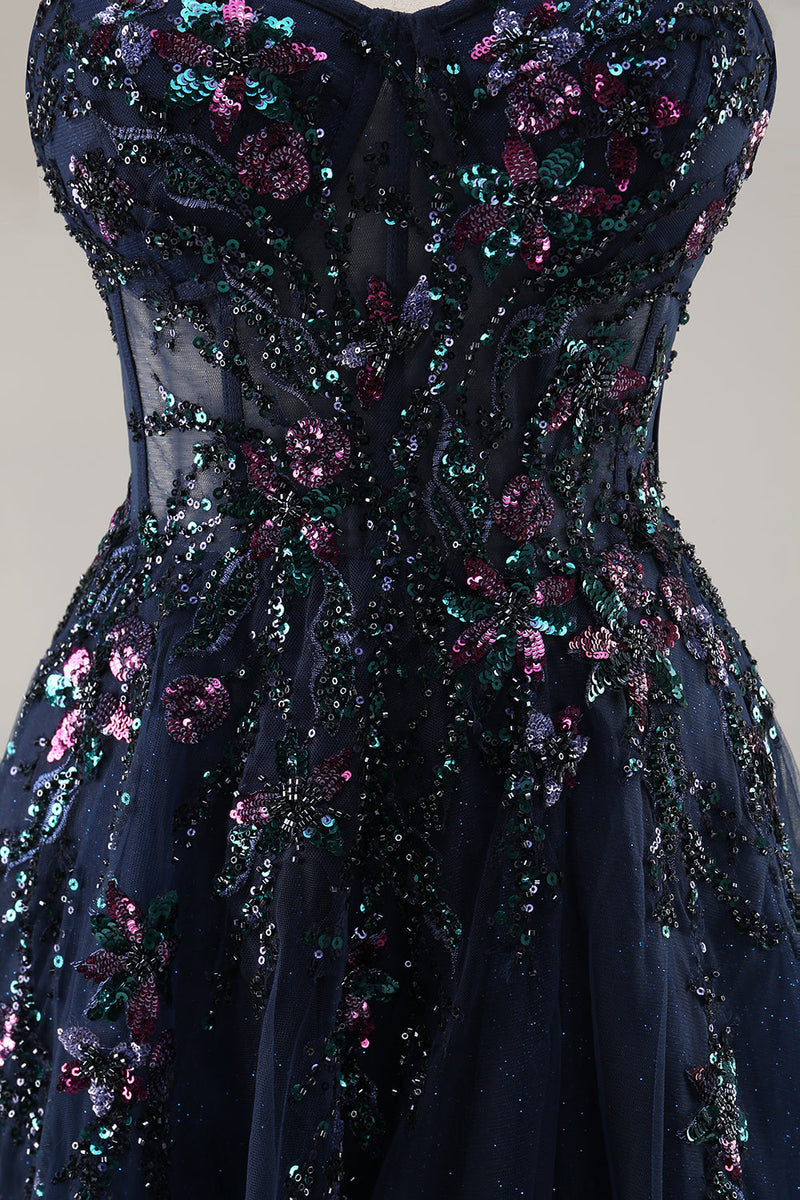 Load image into Gallery viewer, Sparkly Navy Corset Long Sweetheart Prom Dress with Appliques