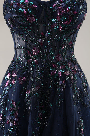 Sparkly Green Floral Corset Tulle Long Prom Dress with Appliques