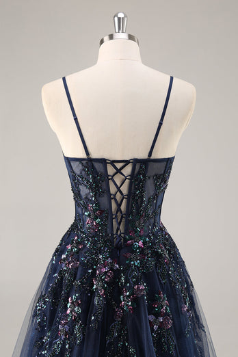 Sparkly Grey Blue Corset Tulle A Line Long Prom Dress with Appliques