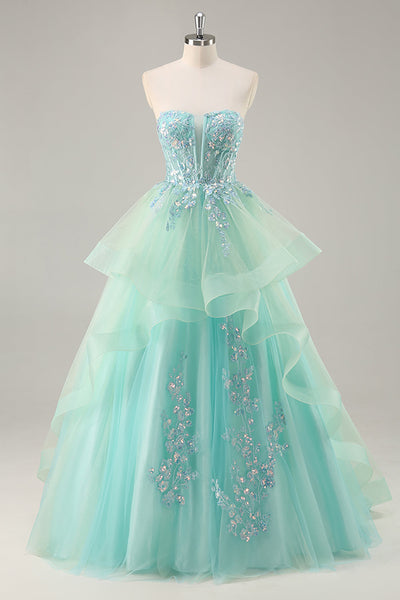 Sparkly Green Ball Gown Strapless Long Corset Prom Dress with Ruffles