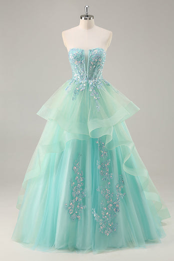 Sparkly Green Ball Gown Strapless Long Corset Prom Dress with Ruffles