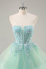 Load image into Gallery viewer, Sparkly Green Ball Gown Strapless Long Corset Prom Dress with Ruffles