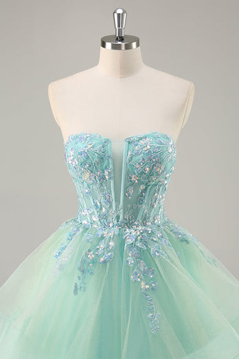Sparkly Green Ball Gown Strapless Long Corset Prom Dress with Ruffles