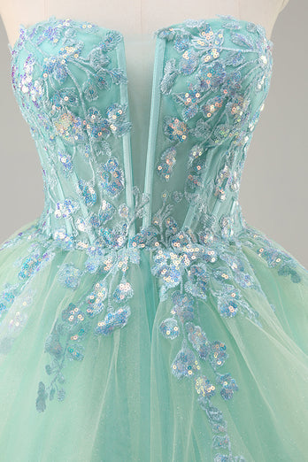 Sparkly Green Ball Gown Strapless Long Corset Prom Dress with Ruffles