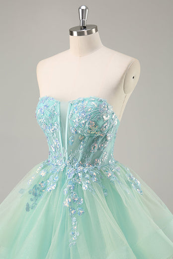 Sparkly Green Ball Gown Strapless Long Corset Prom Dress with Ruffles