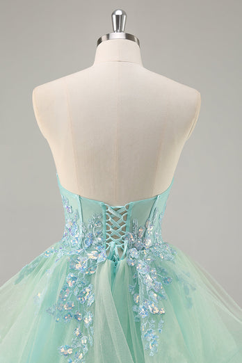 Sparkly Green Ball Gown Strapless Long Corset Prom Dress with Ruffles