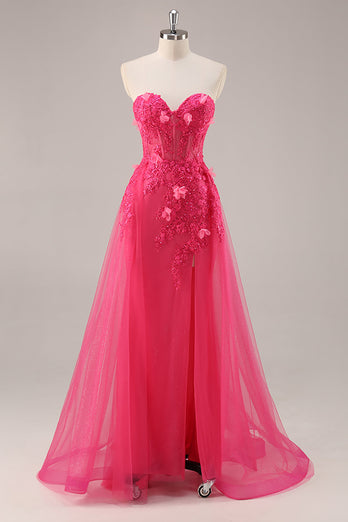Floral Fuchsia Corset Sweetheart Long Tulle Prom Dress with Slit