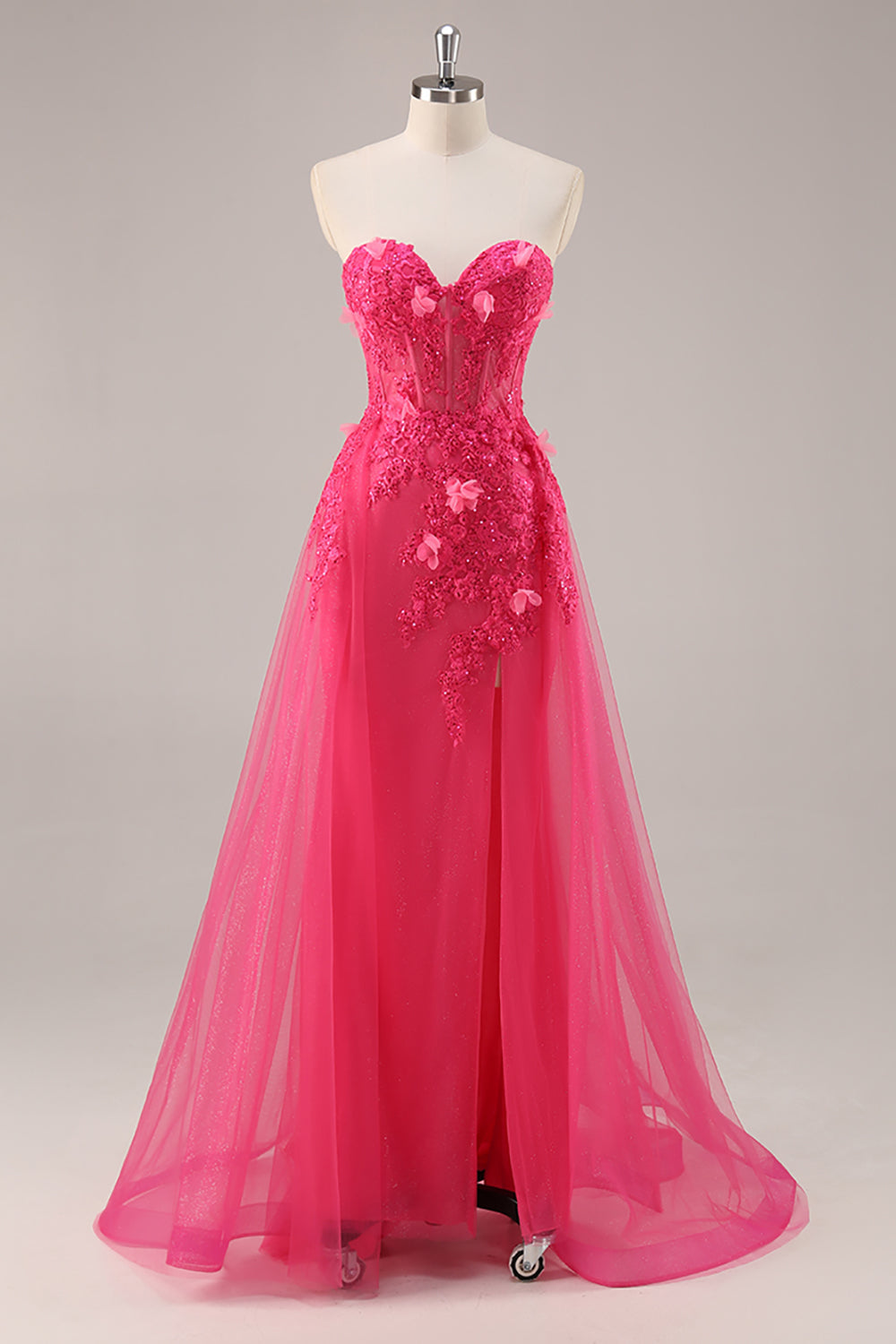 Floral Fuchsia Corset Sweetheart Long Tulle Prom Dress with Slit