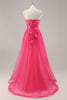 Load image into Gallery viewer, Floral Fuchsia Corset Sweetheart Long Tulle Prom Dress with Slit