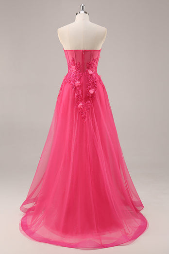Floral Fuchsia Corset Sweetheart Long Tulle Prom Dress with Slit