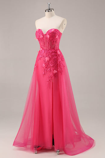 Floral Fuchsia Corset Sweetheart Long Tulle Prom Dress with Slit