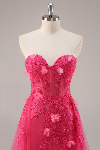 Floral Fuchsia Corset Sweetheart Long Tulle Prom Dress with Slit