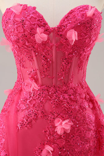 Floral Fuchsia Corset Sweetheart Long Tulle Prom Dress with Slit
