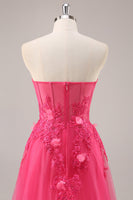 Load image into Gallery viewer, Floral Fuchsia Corset Sweetheart Long Tulle Prom Dress with Slit