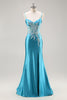Load image into Gallery viewer, Blue Corset Satin Mermaid Long Appliqued Prom Dress with Slit