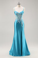 Load image into Gallery viewer, Blue Corset Satin Mermaid Long Appliqued Prom Dress with Slit
