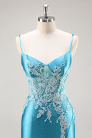 Load image into Gallery viewer, Blue Corset Satin Mermaid Long Appliqued Prom Dress with Slit