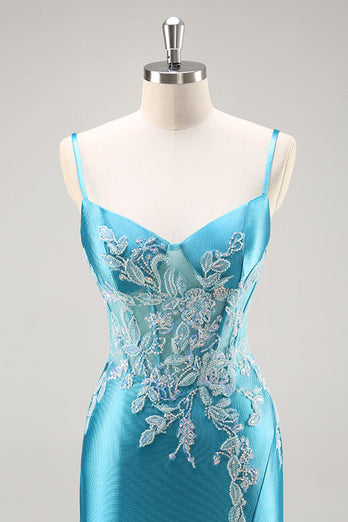 Blue Corset Satin Mermaid Long Appliqued Prom Dress with Slit