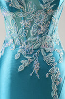 Load image into Gallery viewer, Blue Corset Satin Mermaid Long Appliqued Prom Dress with Slit