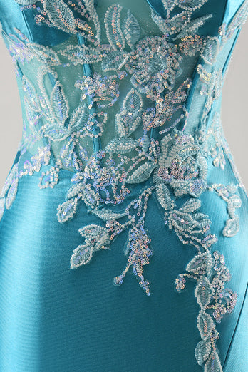 Blue Corset Satin Mermaid Long Appliqued Prom Dress with Slit