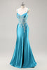 Load image into Gallery viewer, Blue Corset Satin Mermaid Long Appliqued Prom Dress with Slit