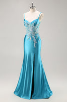 Load image into Gallery viewer, Blue Corset Satin Mermaid Long Appliqued Prom Dress with Slit